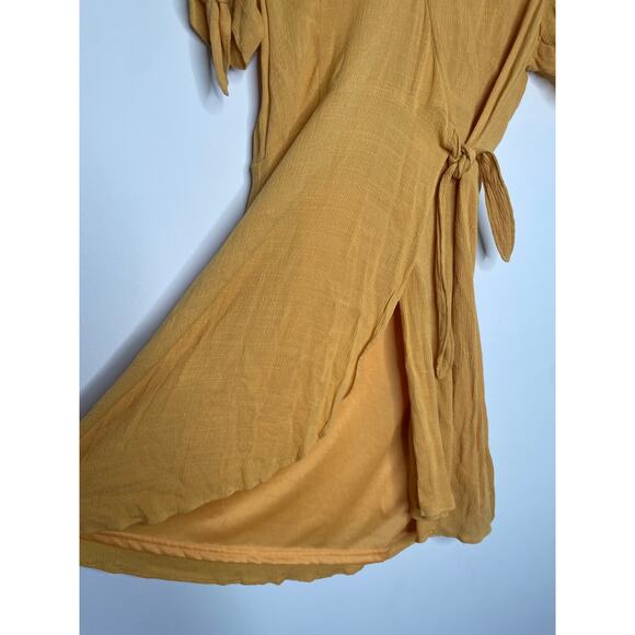 Lulus My Philosophy Wrap Dress Size Small Yellow Short Sleeve Tie Side Mini - Picture 7 of 11